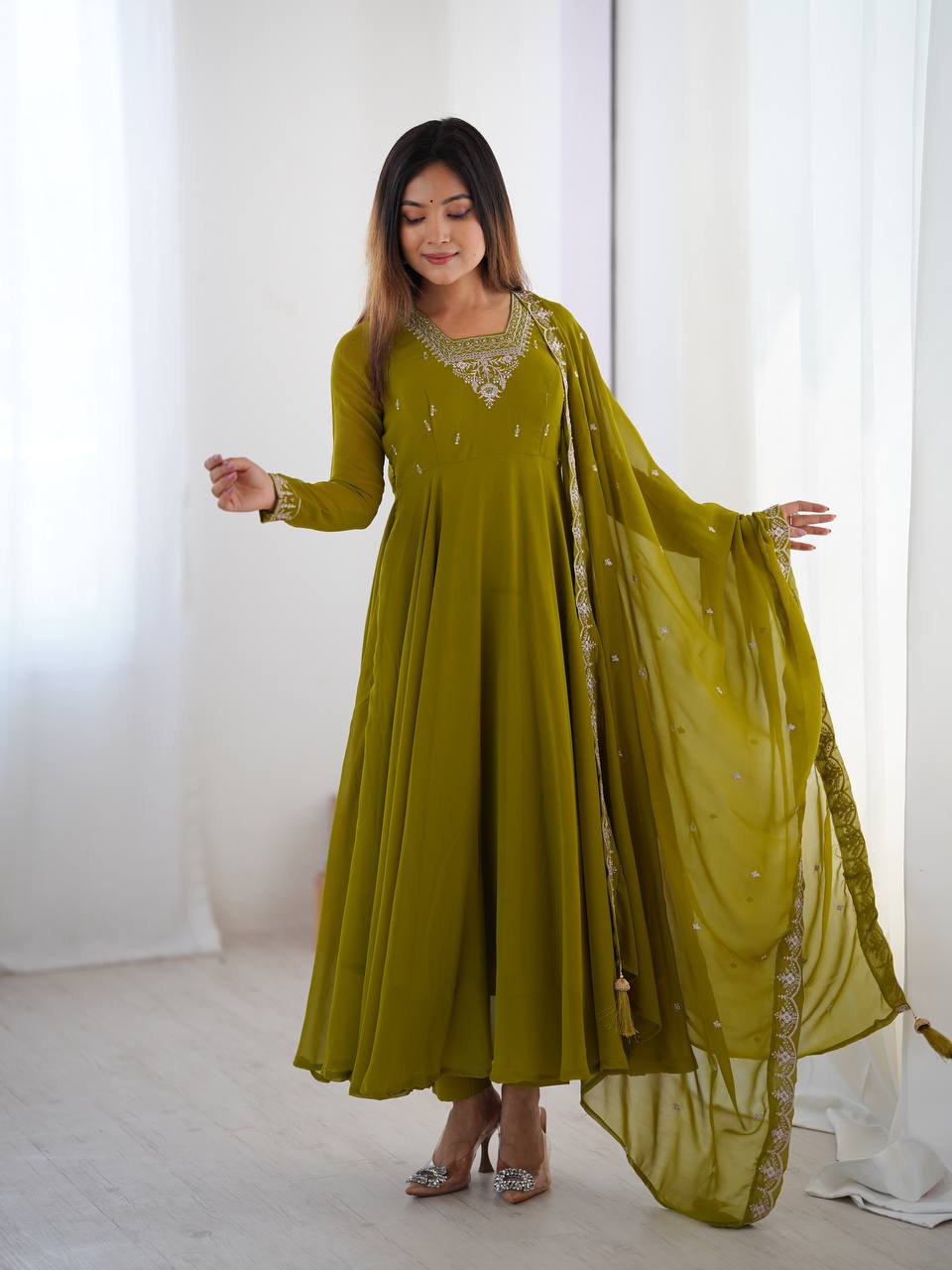 Party Wear Verdant Grace: Embroidered  Anarkali Gown