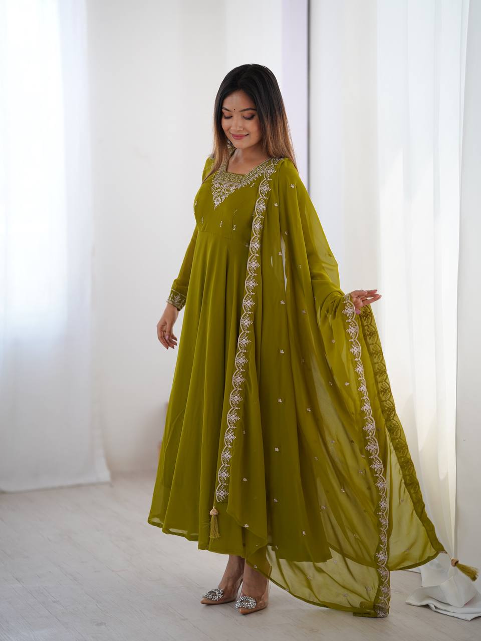 Party Wear Verdant Grace: Embroidered  Anarkali Gown
