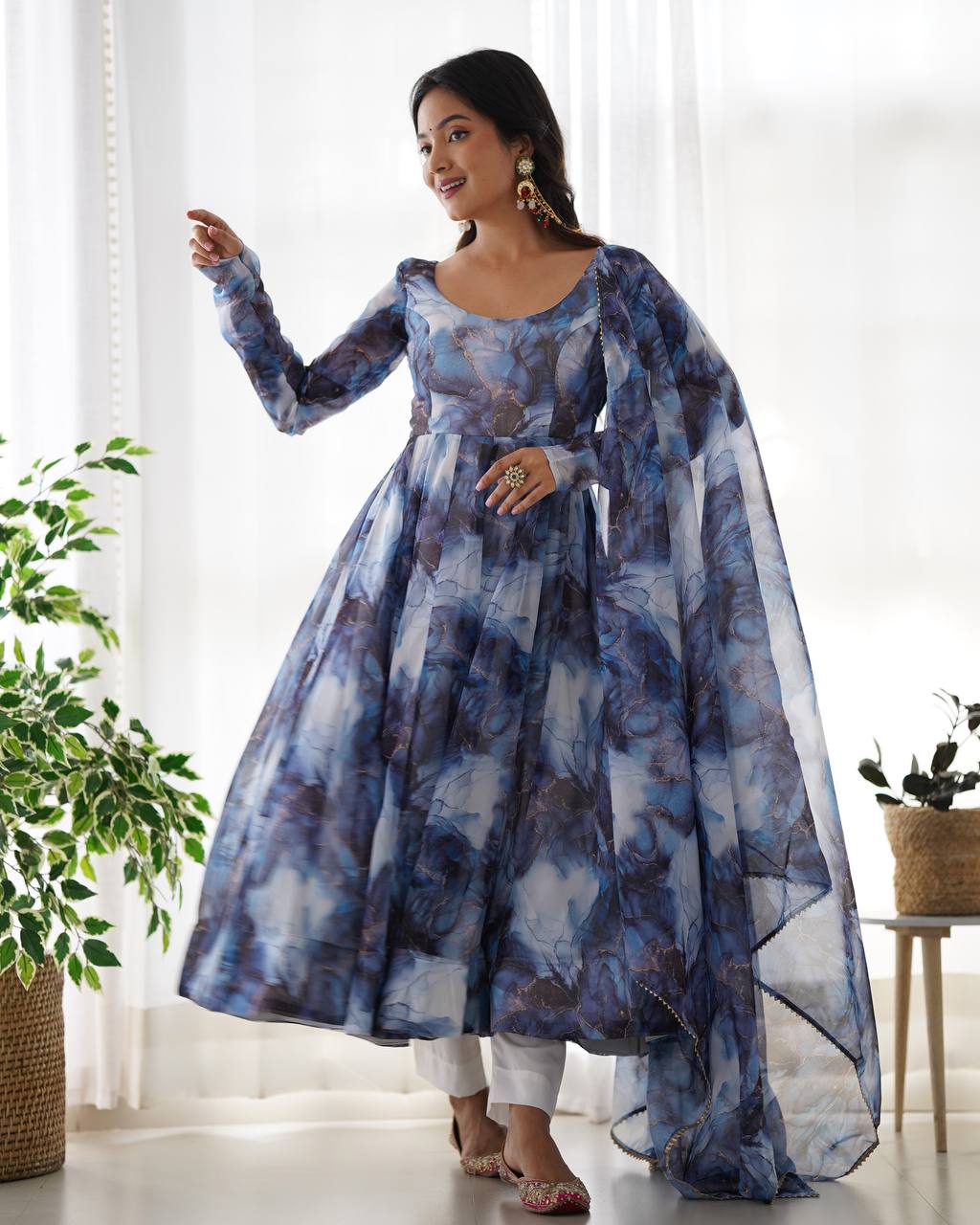 Function Wear Ocean Mist Marble Print Serenity Anarkali Suit