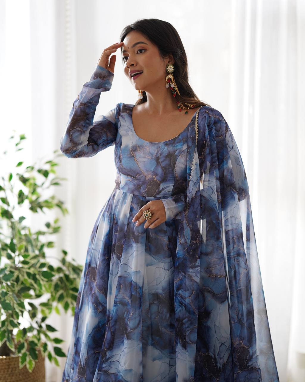 Function Wear Ocean Mist Marble Print Serenity Anarkali Suit