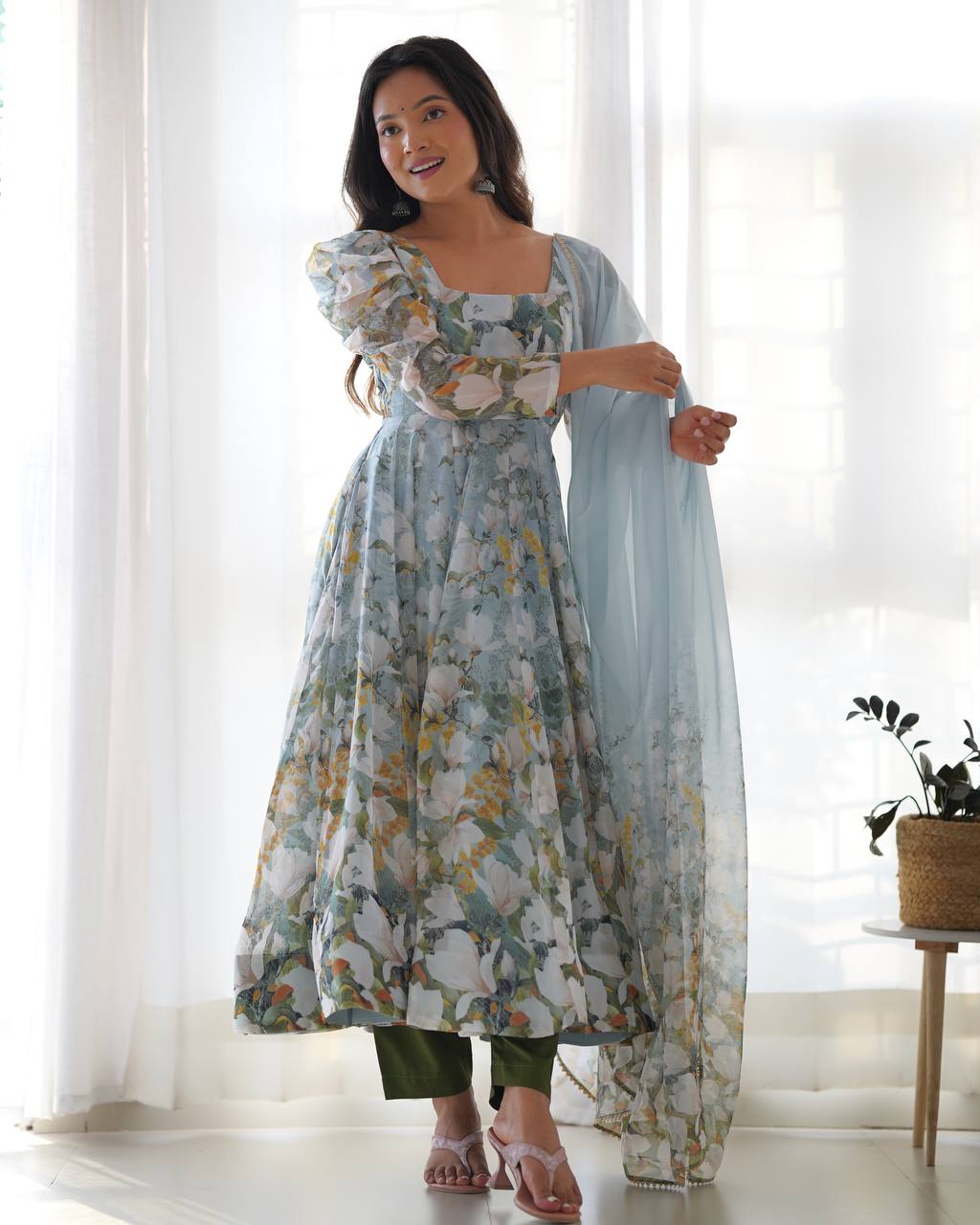 Festive Bloom Aura Heavy Pure Soft Organja Silk Floral Print Anarkali Set
