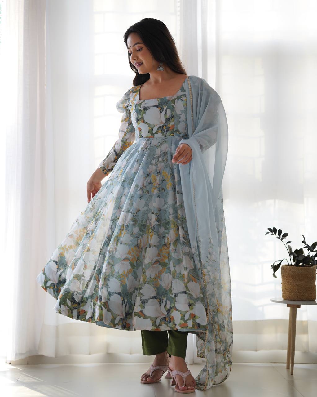 Festive Bloom Aura Heavy Pure Soft Organja Silk Floral Print Anarkali Set