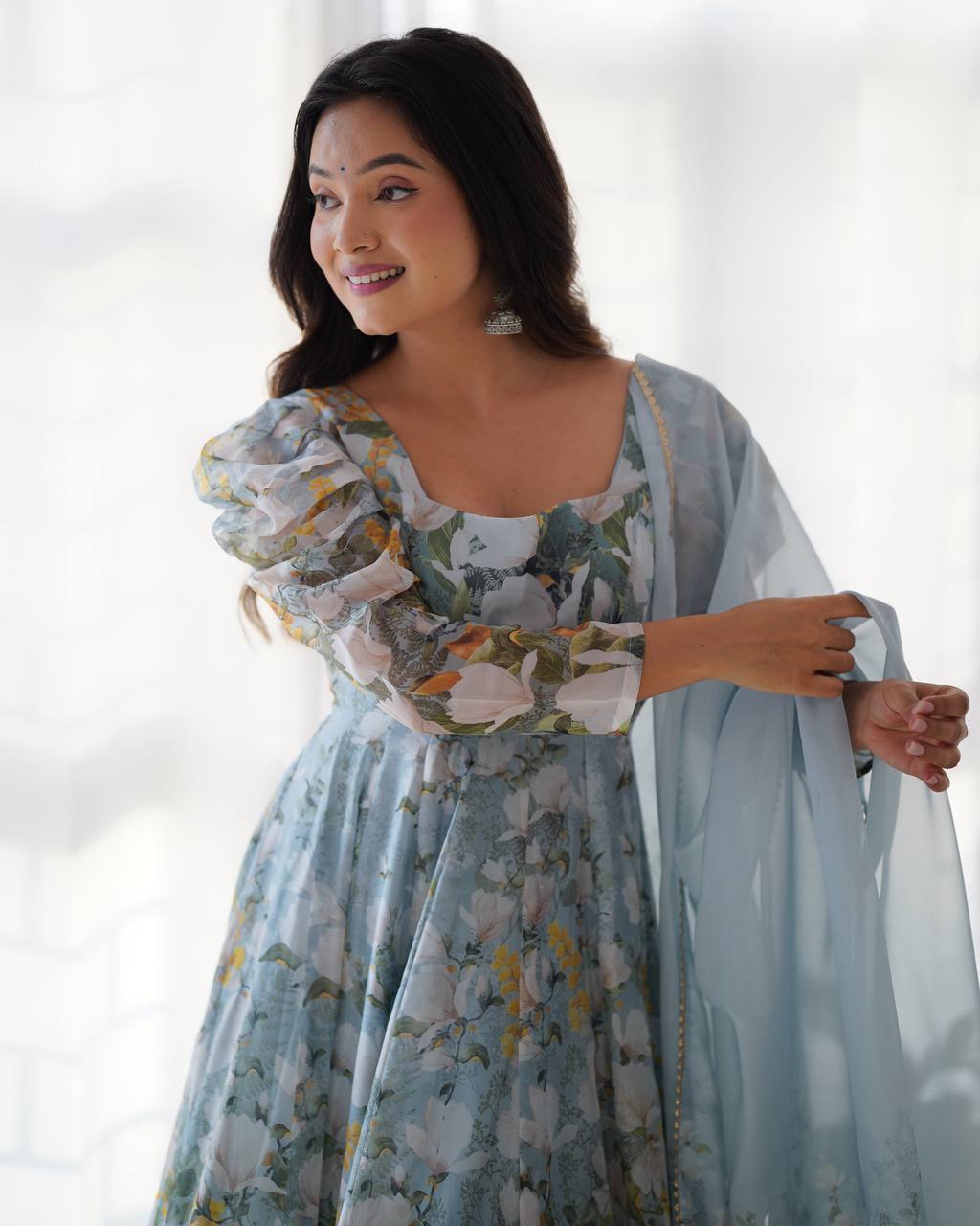 Festive Bloom Aura Heavy Pure Soft Organja Silk Floral Print Anarkali Set