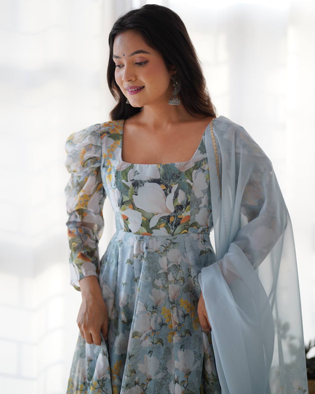 Festive Bloom Aura Heavy Pure Soft Organja Silk Floral Print Anarkali Set