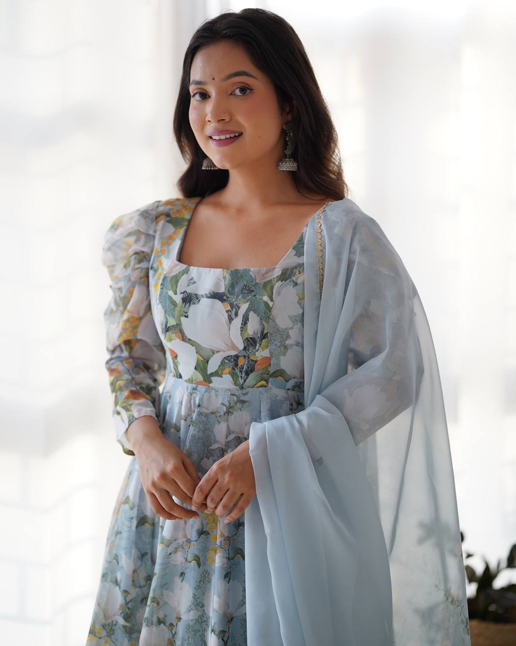 Festive Bloom Aura Heavy Pure Soft Organja Silk Floral Print Anarkali Set