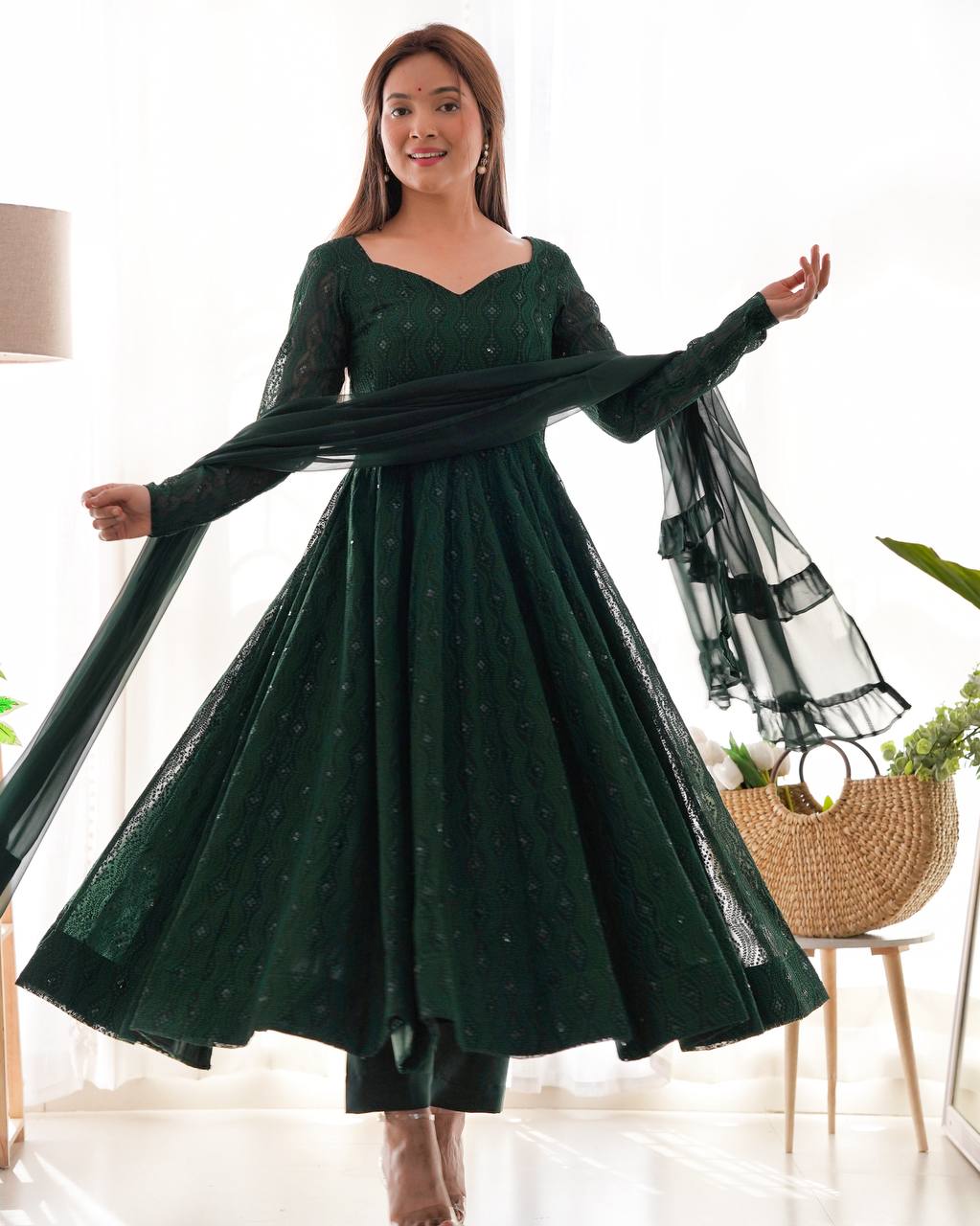 Function Wear Swirling in Grace – Deep Forest Green Embroidered Anarkali Suit