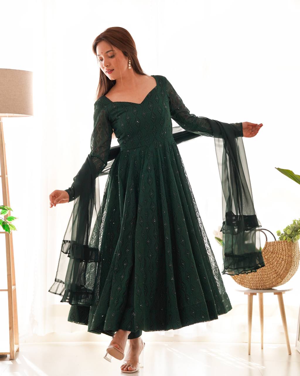 Function Wear Swirling in Grace – Deep Forest Green Embroidered Anarkali Suit