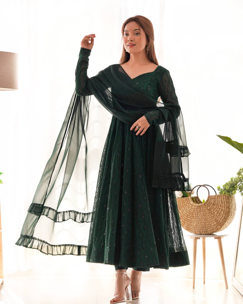 Function Wear Swirling in Grace – Deep Forest Green Embroidered Anarkali Suit