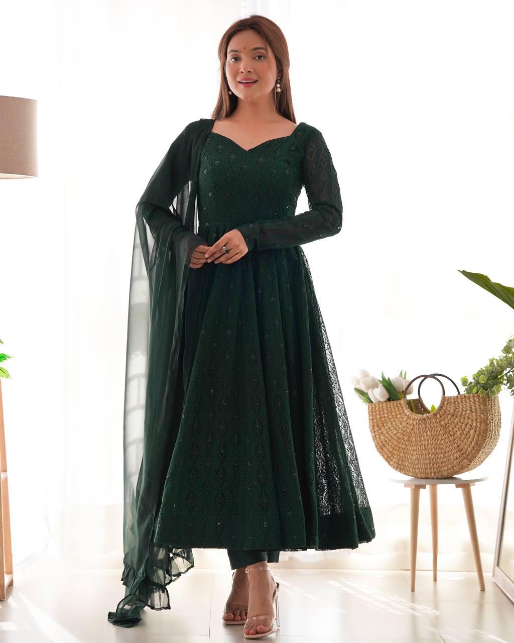 Function Wear Swirling in Grace – Deep Forest Green Embroidered Anarkali Suit