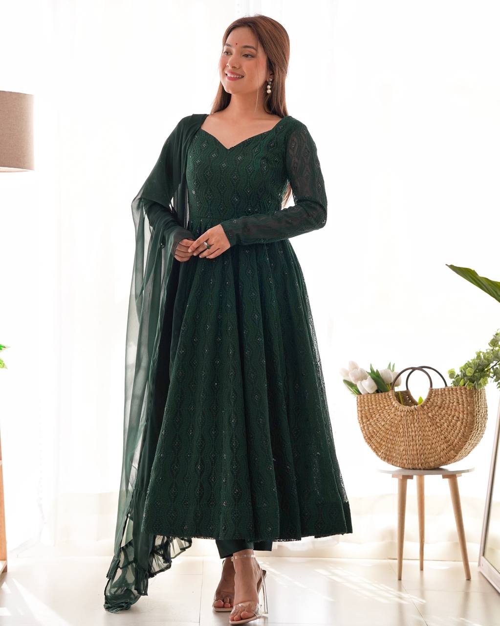 Function Wear Swirling in Grace – Deep Forest Green Embroidered Anarkali Suit