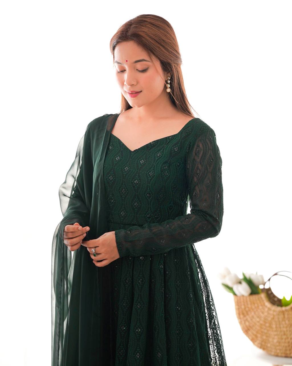 Function Wear Swirling in Grace – Deep Forest Green Embroidered Anarkali Suit
