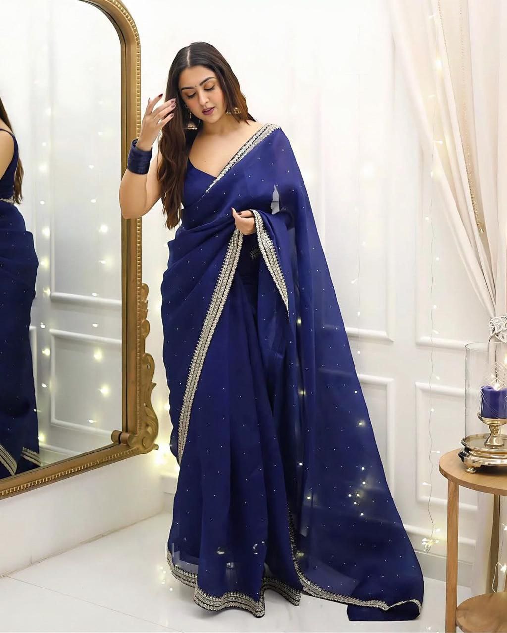 Party Wear Navy Blue Organza Silk Saree with Embroidery, Sequins & Diamond Work
