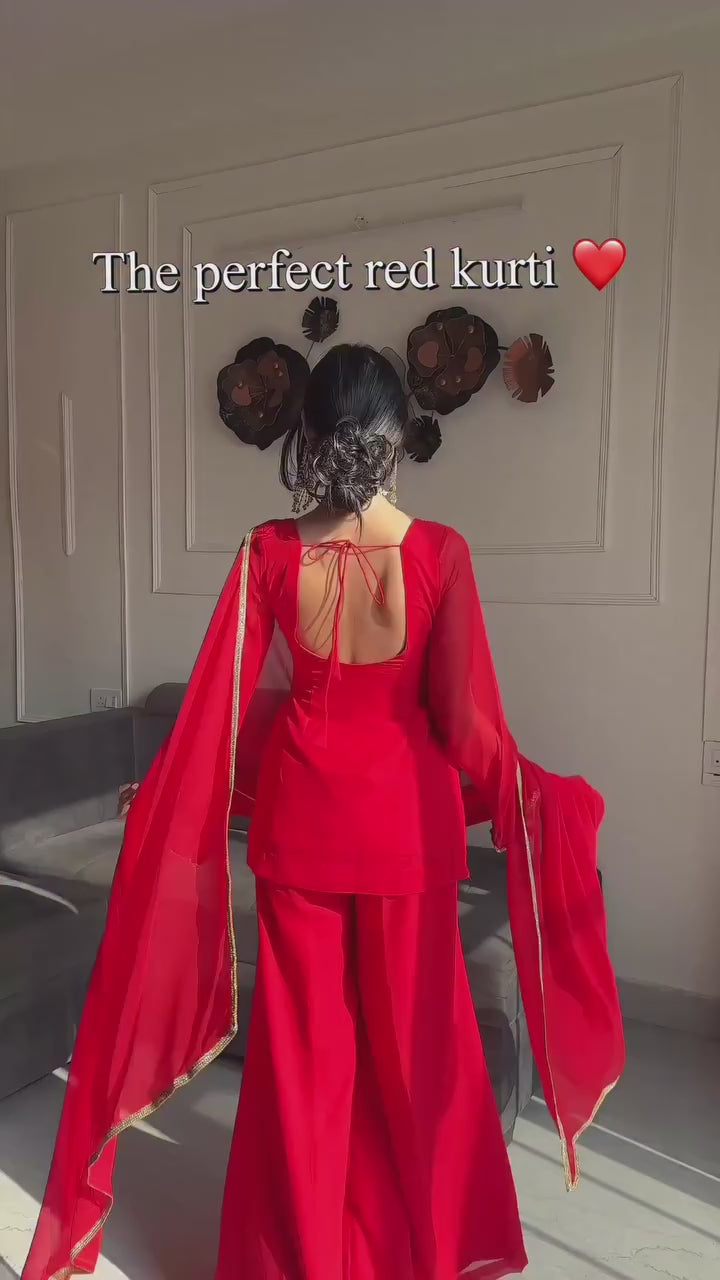 90's Style Red Handcrafted Georgette Palazzo Kurti Set | 90s Dress For Women | 90s Outfits Women