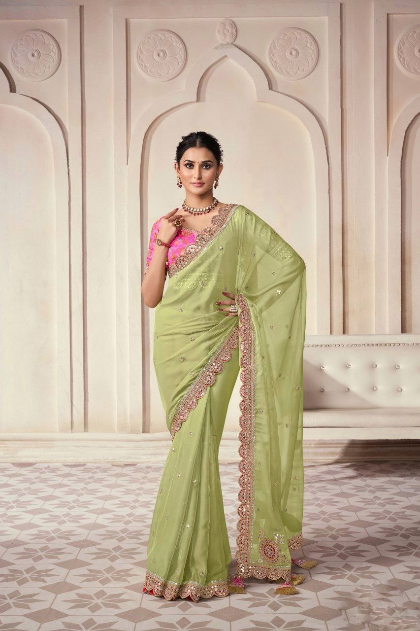 Elegant Green Organza Embroidered Saree - ETHNICDEAL