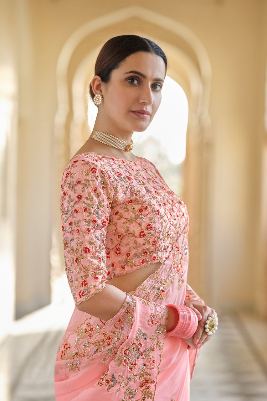 Grace in Peach – Organza Saree with Sequins, Zari & Thread Work - ETHNICDEAL